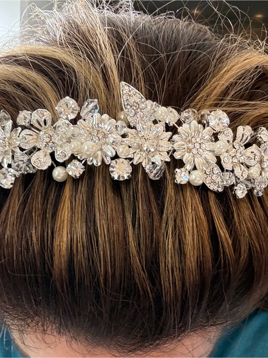 Crystal & Pearl Bridal Hair Vine Headpiece - Silver headband main image 9